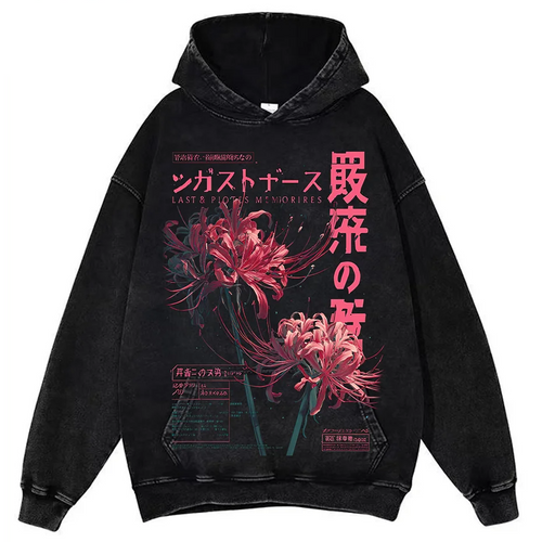 Anime Washed Spider Lily Graphic T Shirt Men Streetwear