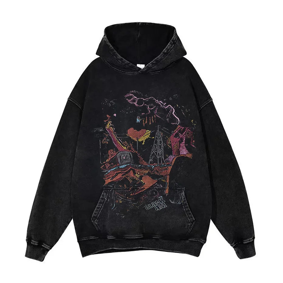 Anime Pain Graphic Hoodie Men's Retro Washed Harajuku Streetwear