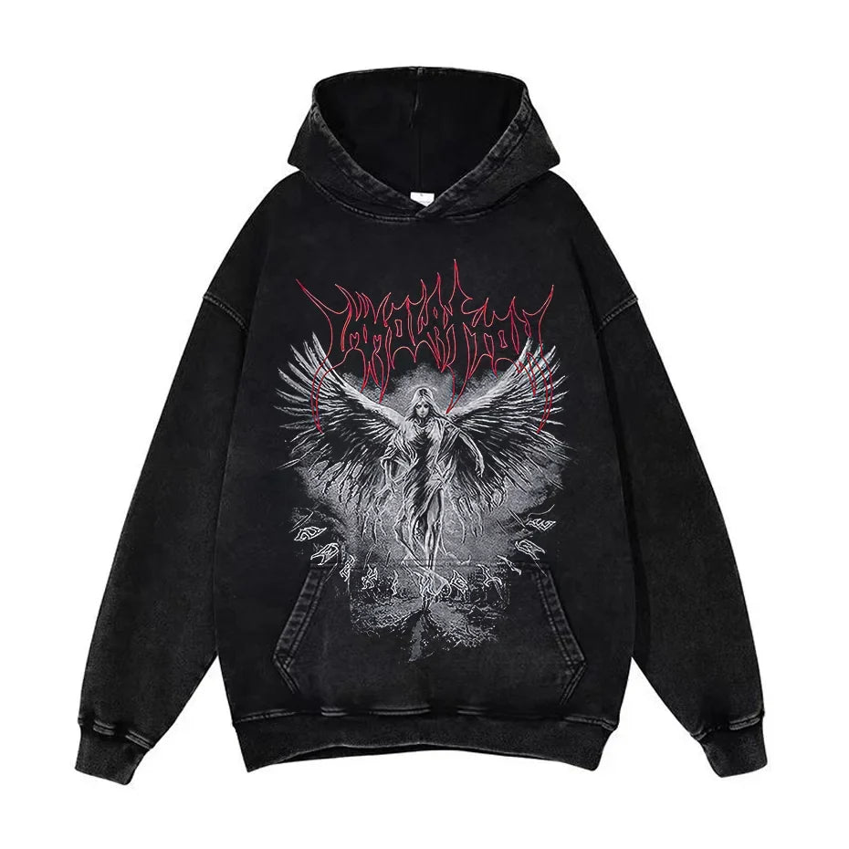 Anime Pain Graphic Hoodie Men's Retro Washed Harajuku Streetwear