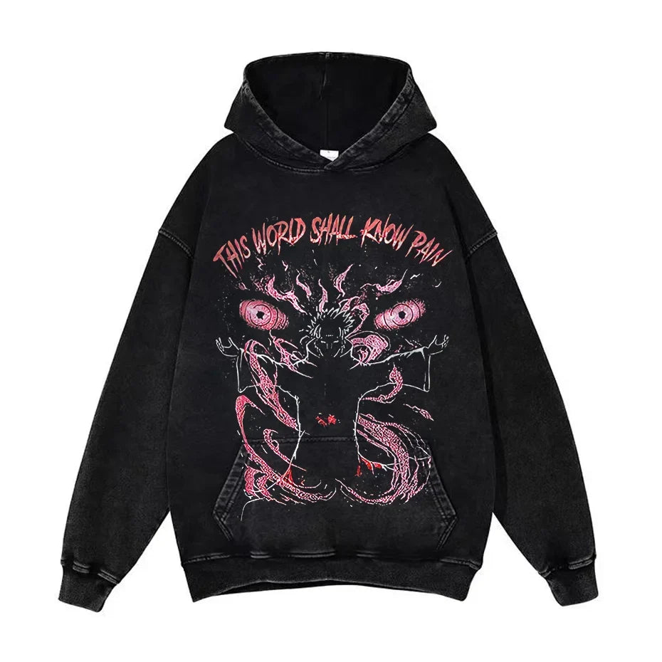 Anime Pain Graphic Hoodie Men's Retro Washed Harajuku Streetwear