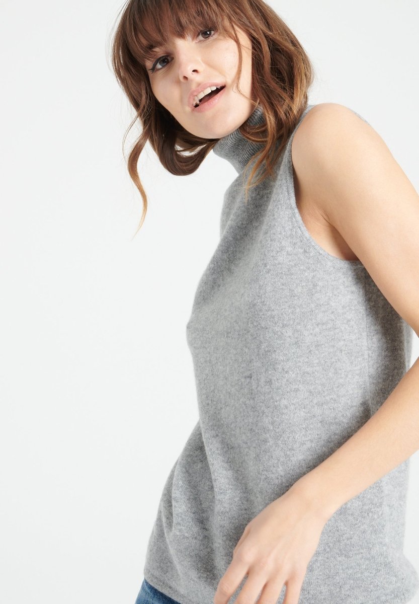 Pull col roulé sans manches femme en cachemire gris clair - LILLY 13