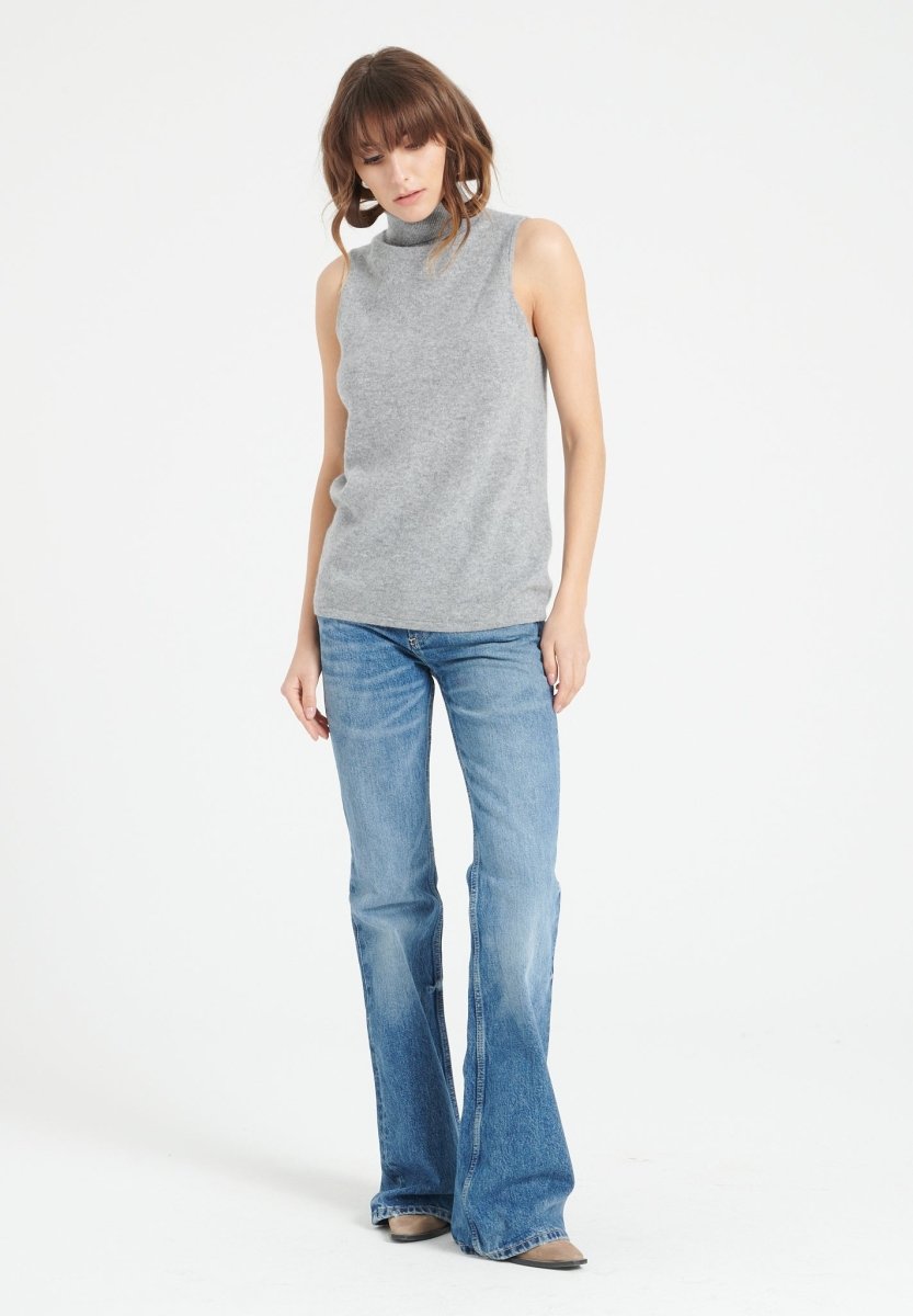 Pull col roulé sans manches femme en cachemire gris clair - LILLY 13