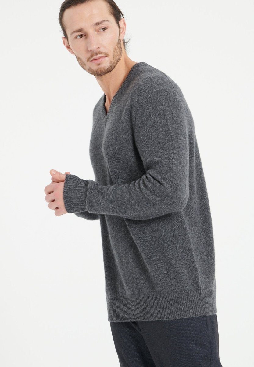 Pull col V homme en cachemire 4 fils gris anthracite - LUKE 13