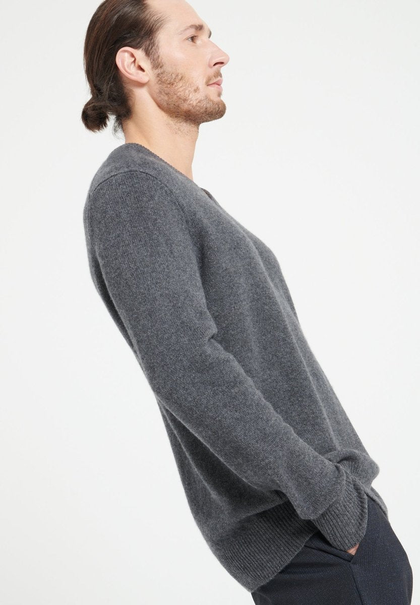 Pull col V homme en cachemire 4 fils gris anthracite - LUKE 13