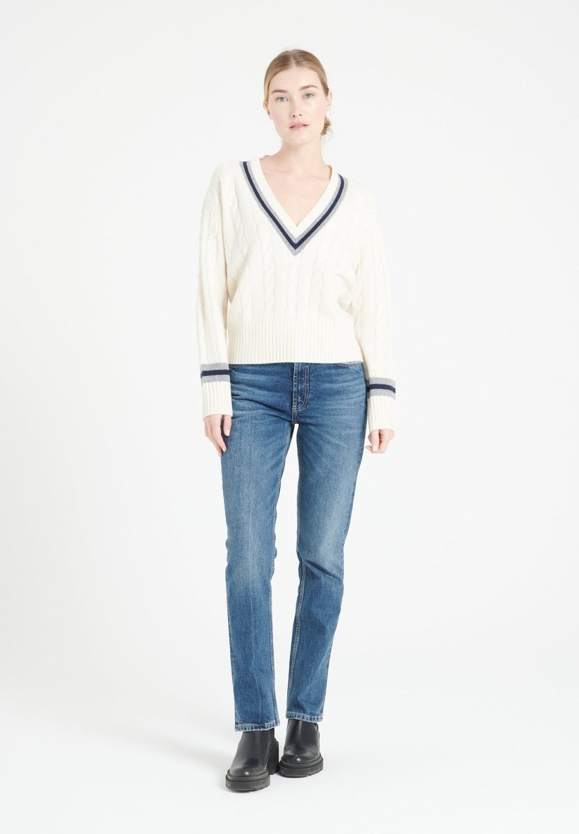 Pull col V femme en cachemire 6 fils blanc écru & navy & gris clair - MIA 10
