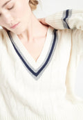 Pull col V femme en cachemire 6 fils blanc écru & navy & gris clair - MIA 10