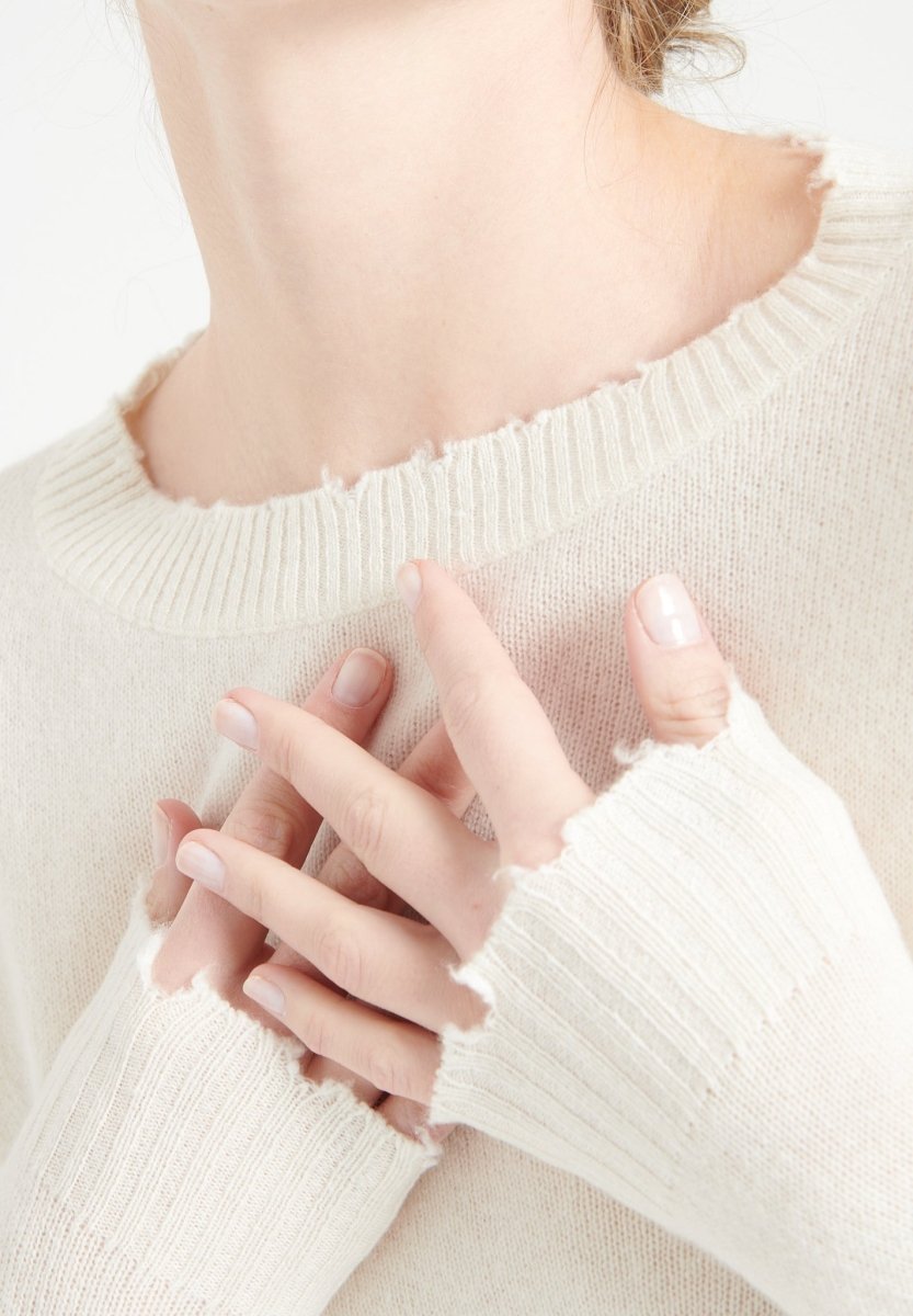 Pull col rond femme en cachemire blanc écru - MIA 17