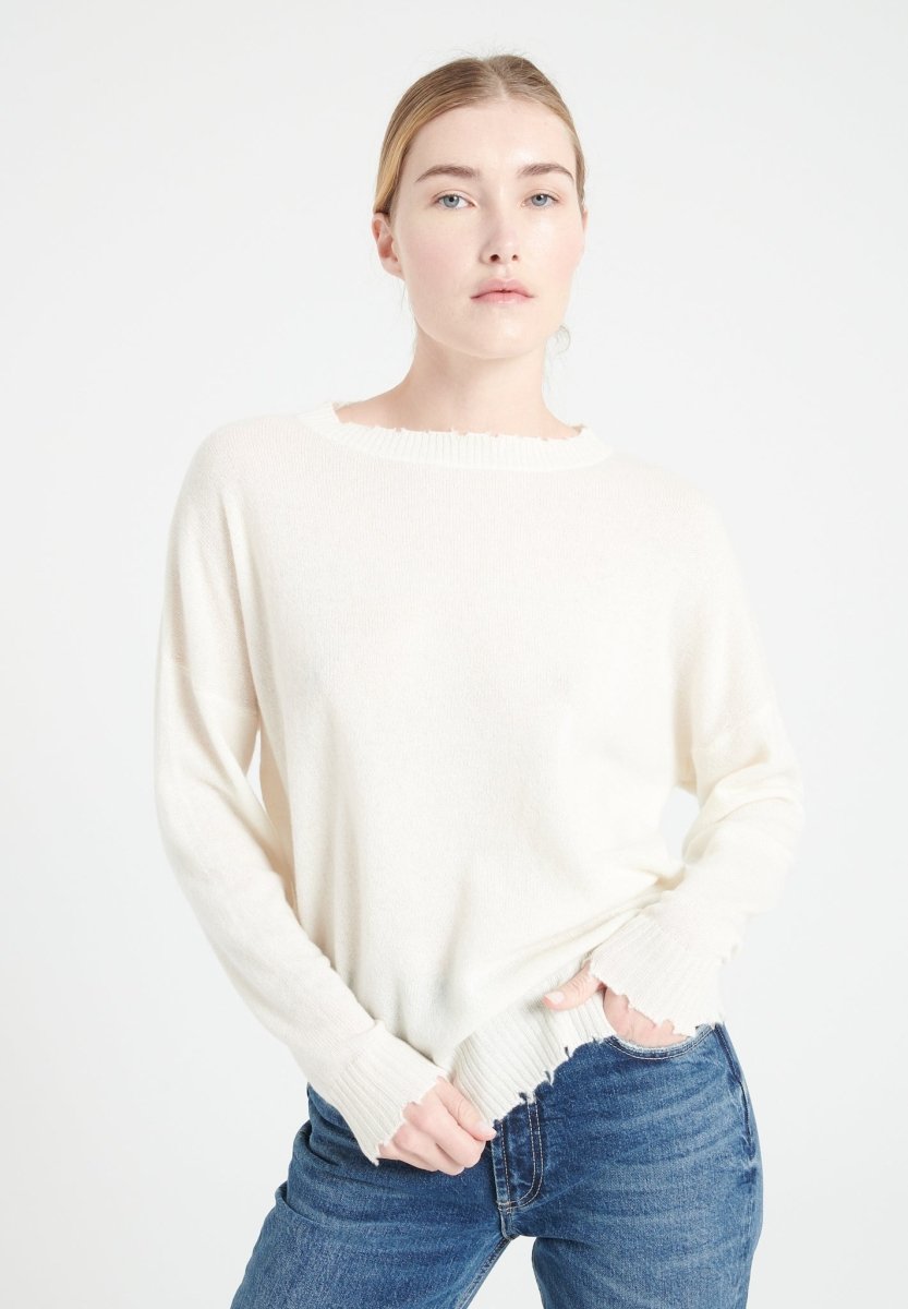 Pull col rond femme en cachemire blanc écru - MIA 17