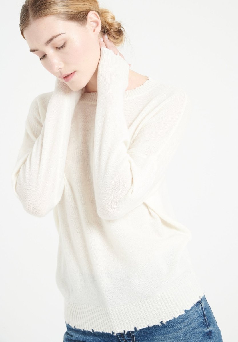 Pull col rond femme en cachemire blanc écru - MIA 17