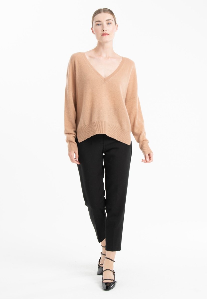 Pull col V femme en cachemire camel clair & beige - NAMI 23
