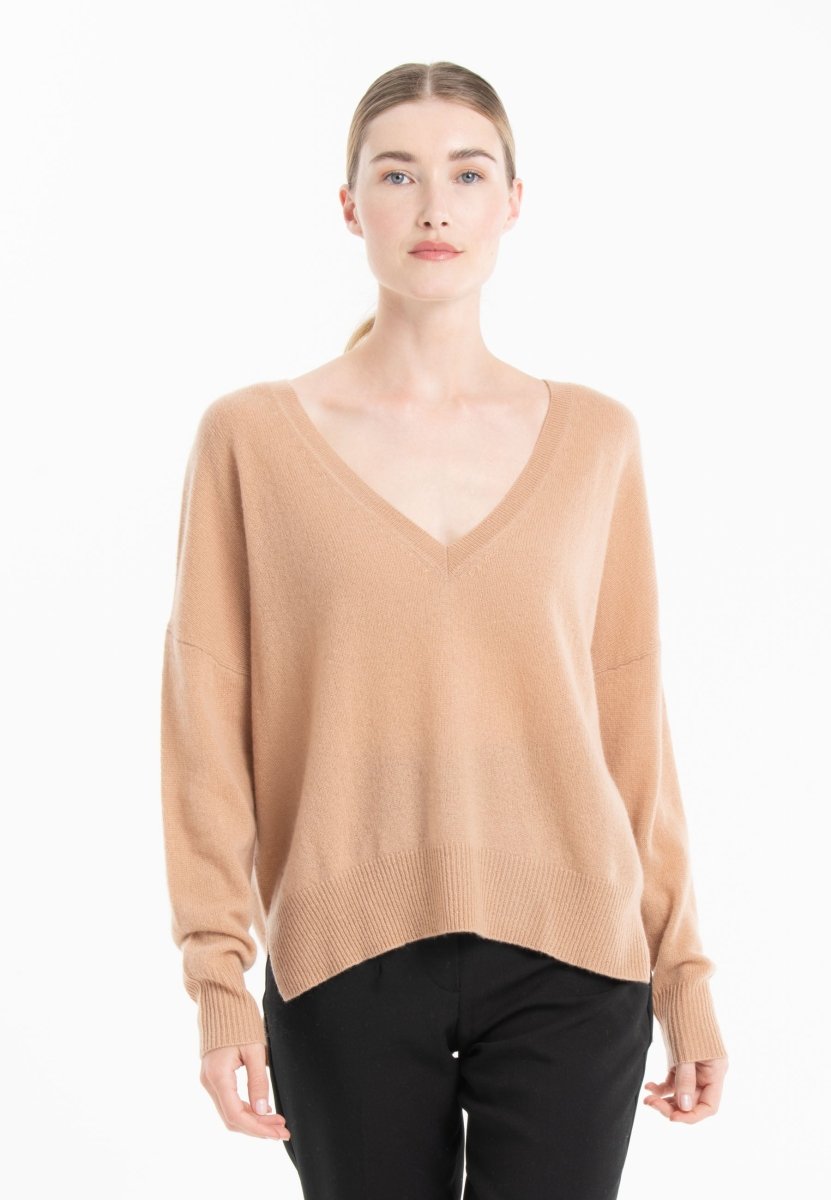 Pull col V femme en cachemire camel clair & beige - NAMI 23