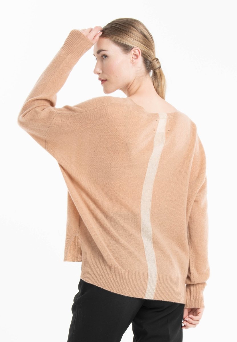 Pull col V femme en cachemire camel clair & beige - NAMI 23