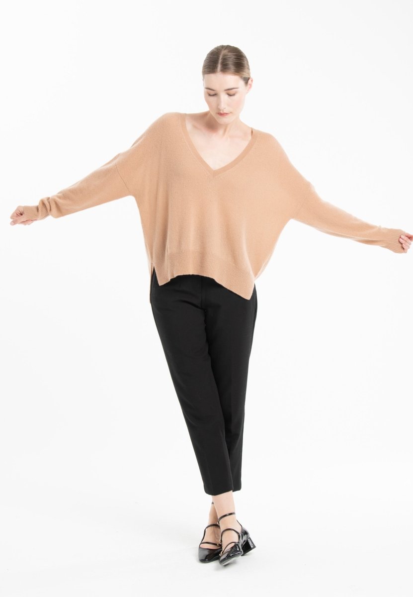 Pull col V femme en cachemire camel clair & beige - NAMI 23
