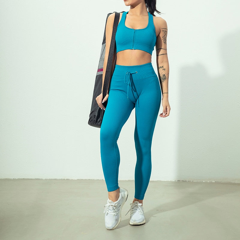 Seamless Women Yoga Set Workout Sportswear Gym Clothing Zipper Long Sleeve High Waist Leggings Fitness Bra Athletic Sports Suits