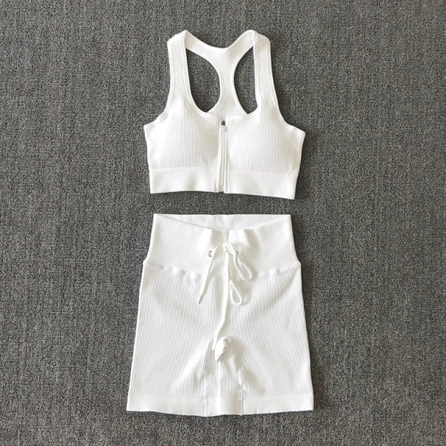 Seamless Women Yoga Set Workout Sportswear Gym Clothing Zipper Long Sleeve High Waist Leggings Fitness Bra Athletic Sports Suits