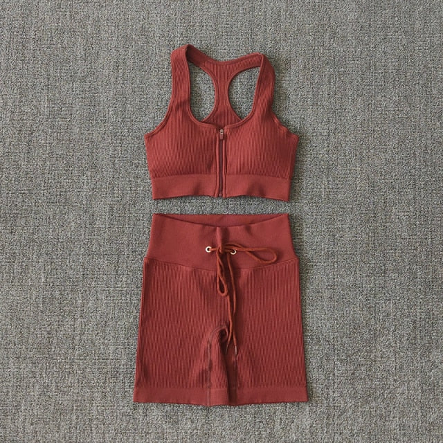 Seamless Women Yoga Set Workout Sportswear Gym Clothing Zipper Long Sleeve High Waist Leggings Fitness Bra Athletic Sports Suits
