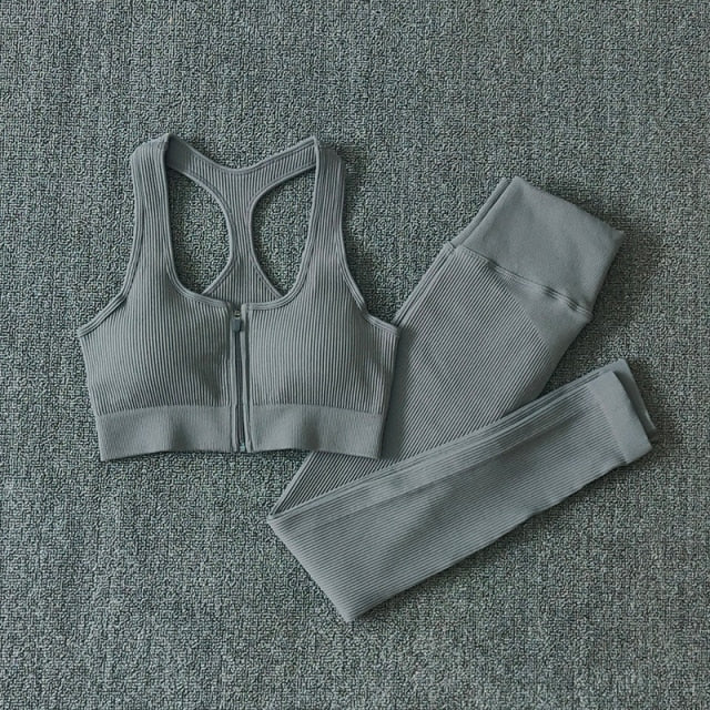 Seamless Women Yoga Set Workout Sportswear Gym Clothing Zipper Long Sleeve High Waist Leggings Fitness Bra Athletic Sports Suits