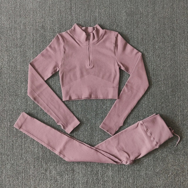 Seamless Women Yoga Set Workout Sportswear Gym Clothing Zipper Long Sleeve High Waist Leggings Fitness Bra Athletic Sports Suits