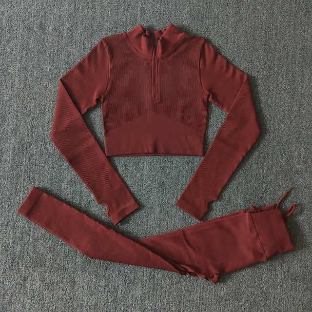 Seamless Women Yoga Set Workout Sportswear Gym Clothing Zipper Long Sleeve High Waist Leggings Fitness Bra Athletic Sports Suits