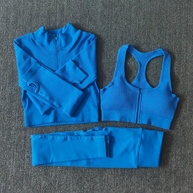 Seamless Women Yoga Set Workout Sportswear Gym Clothing Zipper Long Sleeve High Waist Leggings Fitness Bra Athletic Sports Suits