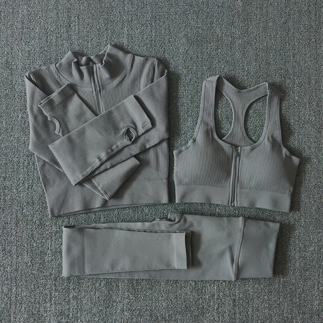 Seamless Women Yoga Set Workout Sportswear Gym Clothing Zipper Long Sleeve High Waist Leggings Fitness Bra Athletic Sports Suits