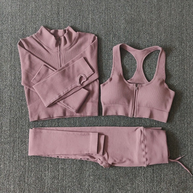 Seamless Women Yoga Set Workout Sportswear Gym Clothing Zipper Long Sleeve High Waist Leggings Fitness Bra Athletic Sports Suits