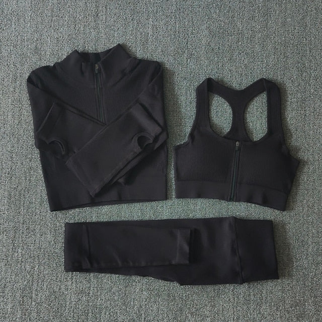 Seamless Women Yoga Set Workout Sportswear Gym Clothing Zipper Long Sleeve High Waist Leggings Fitness Bra Athletic Sports Suits