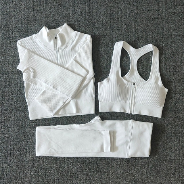 Seamless Women Yoga Set Workout Sportswear Gym Clothing Zipper Long Sleeve High Waist Leggings Fitness Bra Athletic Sports Suits