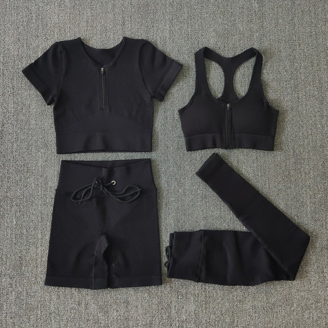 Seamless Women Yoga Set Workout Sportswear Gym Clothing Zipper Long Sleeve High Waist Leggings Fitness Bra Athletic Sports Suits