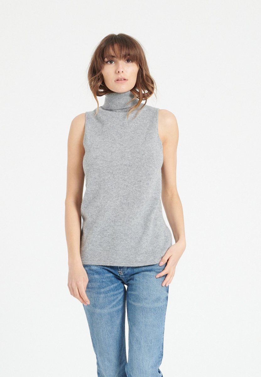 Pull col roulé sans manches femme en cachemire gris clair - LILLY 13